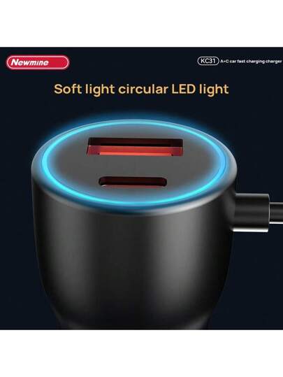 Newmine شاحن سيارة KC31 حماية أمان متعددة 78 وات طاقة عالية هيكل سلكي مرن TPE حلقة إضاءة LED USB + PD + PD شحن سريع بثلاثة منافذ أسود