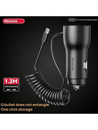 Newmine شاحن سيارة KC31 حماية أمان متعددة 78 وات طاقة عالية هيكل سلكي مرن TPE حلقة إضاءة LED USB + PD + PD شحن سريع بثلاثة منافذ أسود