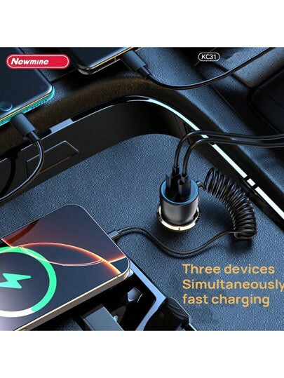 Newmine شاحن سيارة KC31 حماية أمان متعددة 78 وات طاقة عالية هيكل سلكي مرن TPE حلقة إضاءة LED USB + PD + PD شحن سريع بثلاثة منافذ أسود
