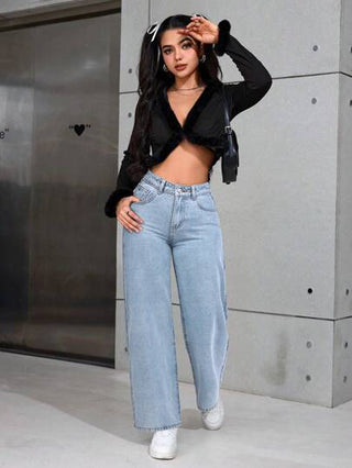 PETITE سراويل جينز نسائية فضفاضة ذات تصميم ساق واسعة وجيوب، قابلة للاستخدام في عدة مناسبات