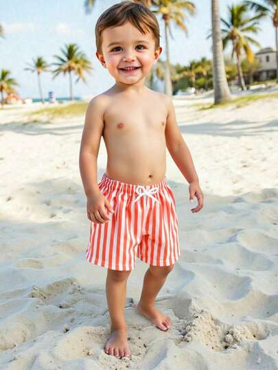 مايوه أولادي شورت سباحة للأطفال الصبية مزين بخطوط ويربط من الأمام