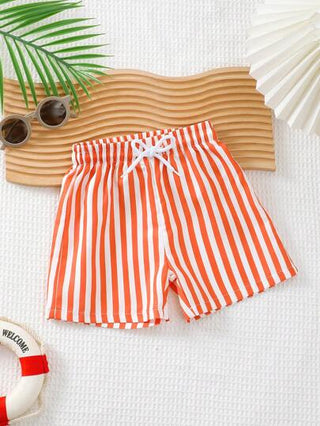 مايوه أولادي شورت سباحة للأطفال الصبية مزين بخطوط ويربط من الأمام