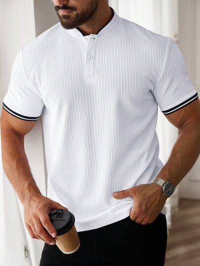 Manfinity CasualCool قميص بولو رجالي بأزرار نصفية وحافة ملونة، كاجوال للأعمال، أبيض، مناسب للجولف، هدية مثالية للأب والحبيب