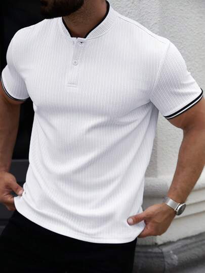 Manfinity CasualCool قميص بولو رجالي بأزرار نصفية وحافة ملونة، كاجوال للأعمال، أبيض، مناسب للجولف، هدية مثالية للأب والحبيب