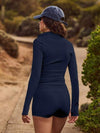 Aralina طقم من قطعتين لباس علوي بأكمام طويلة وسحاب أمامي Leisurewear وشورت دراجات نارية بخصر مرتفع