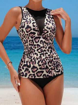 طقم تانكيني حريمي Swim Lushoire بيكيني نسائي قطعتين – سترة علوية مثلثة والسفلية مطبوع برسومات النمر مع تقسيمات شبكية وسحاب
