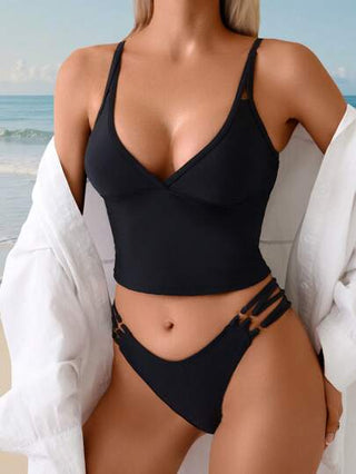 طقم تانكيني حريمي Swim Lushoire طقم بكيني ستريبي بشريط جذب أسود وشورت سباحة بحبال جانبية ثلاثية للنساء، بناطيل شاطئ بقطعتين