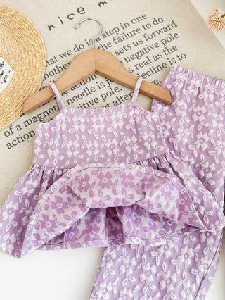 SHEIN طقم بنطلون ولباس علوي بدون أكمام مزخرف بنقشة زهور صغيرة للبنات، 2 قطعة، صيفي