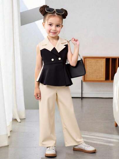 تيشيرتات بناتي مجموعة ملابس صيفية للبنات الصغيرات مكونة من ملابس علوية بلا أكمام وبنطال طويل، عصري