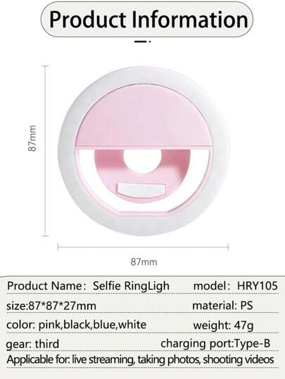 ١ قطعة من مصباح الحلقة السيلفي المحمول باللون الأبيض/الوردي، قابل للشحن USB، مناسب لتصوير السيلفي والبث المباشر، له وظائف تحسين الجمال والبشرة، مصباح محمول للسيلفي