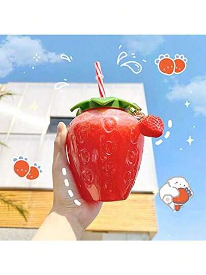 1 كوب بشكل الفراولة سعة 500 مل مع قش وإكسسوارات، زجاجة مياه مبتكرة، كوب مشروبات قابل لإعادة الاستخدام باللون الوردي مع إكسسوارات خضراء وحمراء، حاوية مشروبات محمولة ممتعة للعصير والمشروبات الباردة، مصنوع من مواد خفيفة الوزن، هدية مثالية لحفلات عيد...