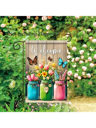 قطعة واحدة علم (راية) ترحيب للحديقة - تصميم فراشة وزنبق متأجج، 30 * 45 سم من البوليستر، ديكور خارجي ملون للحديقة، لافتة ذات وجهين للساحة (عمود العلم غير مشمول)