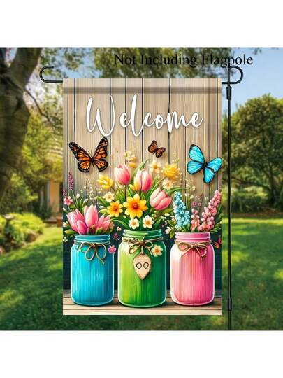 قطعة واحدة علم (راية) ترحيب للحديقة - تصميم فراشة وزنبق متأجج، 30 * 45 سم من البوليستر، ديكور خارجي ملون للحديقة، لافتة ذات وجهين للساحة (عمود العلم غير مشمول)