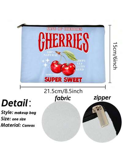 حقيبة مستحضرات التجميل ذات الرسم البياني للكرز، حقيبة أغراض التجميل ذات النقش المزدوج الجهة، ضرورية للسفر، حقيبة سحاب محمولة، من قماش البوليستر، هدية رائعة