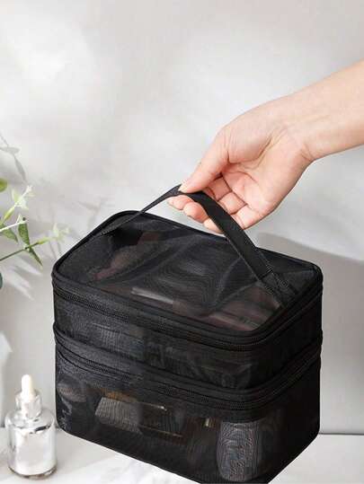 حقيبة مكياج سفر ذات طابقين، قابلة للحمل، منظم حقيبة أدوات زينة كبيرة السعة، لتخزين مستحضرات العناية بالبشرة والأحمر شفاه والعطور ومجموعات الظلال، والأصناف الشخصية الأخرى
