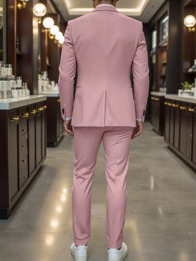 Manfinity Mode بدلة رجالية كاملة من الجاكيت والبنطلون ذات لون أحادي، الجاكيت بياقة وشاح وأكمام طويلة، بدلة عمل