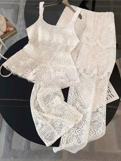 Franclia قميص دانتيل للنساء، وبنطلون دانتيل واسع للنساء