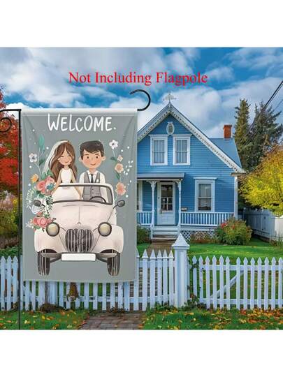 1 قطعة علم رحب بالعروس والعريس لاحتفال الزفاف - مصنوع من البوليستر، لديكور المنزل والحديقة في الخارج، دون احتواء على عصا العلم، لديكور الساحة