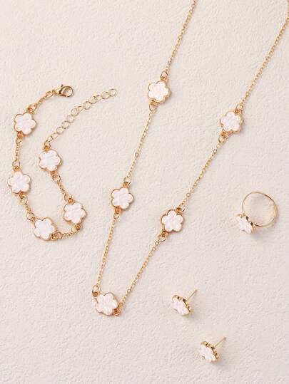 5 قطع/مجموعة مجوهرات رومانسية وجميلة للفتيات تشمل سوار وقلادة وأقراط وخواتم مزينة بالأزهار ، إكسسوارات أنيقة وكاجوال