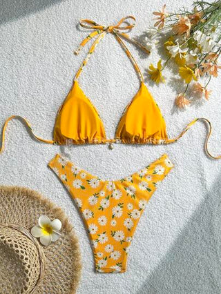 Swim Vcay 2 قطعة/مجموعة، بيكيني صيفي بحلة أبيضاء منسوجة بشكل متقطع بطبعة الأقحوان ولون أصفر كروب توب مخطط وسروال بيكيني عالي القطع، ملابس سباحة جذابة