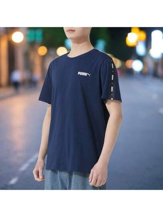 Puma تي شيرت أساسي رقم 2 بشعار الشريط ، ملابس رياضية رجالية ، قميص تدريب قصير الأكمام للجري واللياقة البدنية ، 692484-14