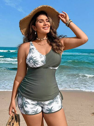 Swim Lushoire بدلة سباحة بحجم إضافي للنساء من قطعتين مطبوعة مخرمة، بلوزة كاجوال للشاطئ والعطلات