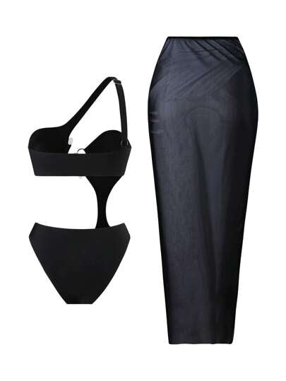 مايوه حريمي قطعة واحدة مجموعة من 2 قطعة للمرأة بملابس السباحة ذات الرقبة غير متناظرة والجوف موحد اللون باللون الواحد ، وفستان غطاء للشاطئ طويل مفتول بأقمشة شبكية مفتوحة ،مجموعة جذابة