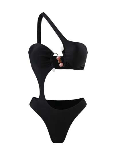 مايوه حريمي قطعة واحدة مجموعة من 2 قطعة للمرأة بملابس السباحة ذات الرقبة غير متناظرة والجوف موحد اللون باللون الواحد ، وفستان غطاء للشاطئ طويل مفتول بأقمشة شبكية مفتوحة ،مجموعة جذابة