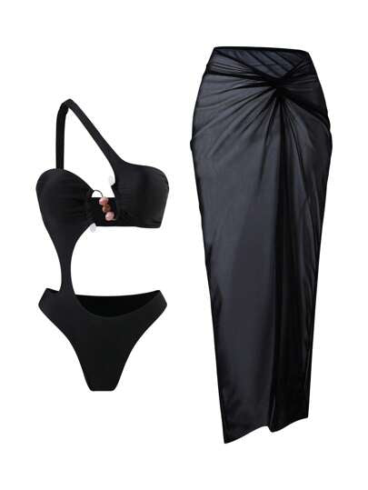 مايوه حريمي قطعة واحدة مجموعة من 2 قطعة للمرأة بملابس السباحة ذات الرقبة غير متناظرة والجوف موحد اللون باللون الواحد ، وفستان غطاء للشاطئ طويل مفتول بأقمشة شبكية مفتوحة ،مجموعة جذابة