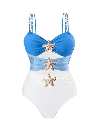 Swim Oasis بدلة سباحة قطعة واحدة، مقاس كبير، مجموعة من قطعتين مزينة بزخارف نجوم البحر المعدنية، بتصميم بسيط، مناسبة للاستخدام اليومي والصيف والعطلات على الشاطئ، للنساء