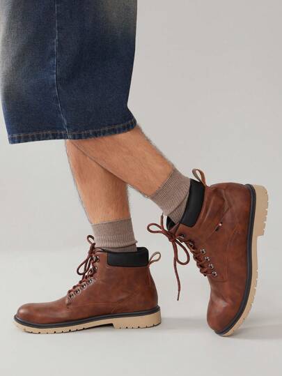 SHUZIA بوت أوكسفورد رباط الرجال، بوت الدراجات النارية الكلاسيكية بلون مزدوج ، مناسبة للارتداء مع الجينز