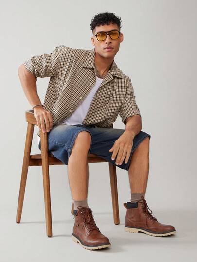 SHUZIA بوت أوكسفورد رباط الرجال، بوت الدراجات النارية الكلاسيكية بلون مزدوج ، مناسبة للارتداء مع الجينز