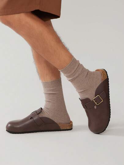 SHUZIA الخف الرجالي المريح بنعل مدعم بحزام مشبك وأصبع قدم دائري مع بطانة من الفلين