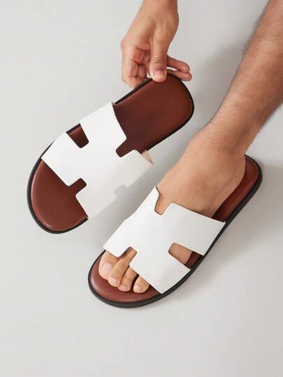 SHUZIA صندل رجالي من الجلد النباتي الأبيض ذو وسط اللون البني الفاتح، مريح وعملي لارتداء في الشارع أو نادي الشراع