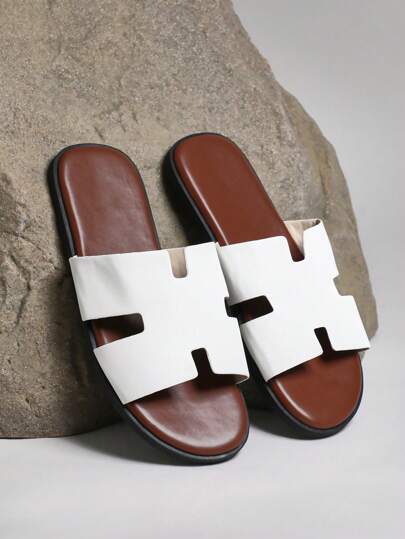 SHUZIA صندل رجالي من الجلد النباتي الأبيض ذو وسط اللون البني الفاتح، مريح وعملي لارتداء في الشارع أو نادي الشراع