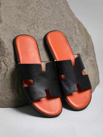 SHUZIA شبشب جلد صناعي أسود مع منتصف قدم برتقالي للرجال- شعور بالراحة،أساسيات الملابس الشارعية إلى نادي اليخوت