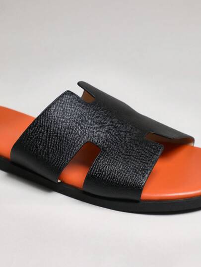 SHUZIA شبشب جلد صناعي أسود مع منتصف قدم برتقالي للرجال- شعور بالراحة،أساسيات الملابس الشارعية إلى نادي اليخوت