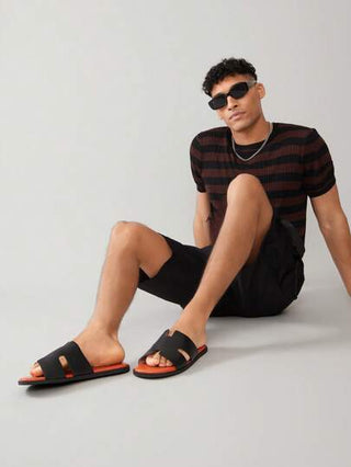 SHUZIA شبشب جلد صناعي أسود مع منتصف قدم برتقالي للرجال- شعور بالراحة،أساسيات الملابس الشارعية إلى نادي اليخوت