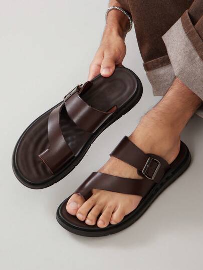 SHUZIA نعل صندل رجالي مريح من الجلد مع إبزيم حلقي- مبطّن ومقاوم للانزلاق آمن للارتداء طوال اليوم