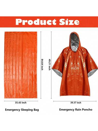 مجموعة كيس النوم الطارئ 2 قطعة - تشمل 1 قطعة معطف المطر الطارئ مبطن بالألومنيوم والرقائق المعدنية و1 قطعة كيس نوم طارئ, بطانية محمولة للبقاء على قيد الحياة, كيس نوم دافئ للتخييم, معدات سفر وتنزه خارجية ضرورية
