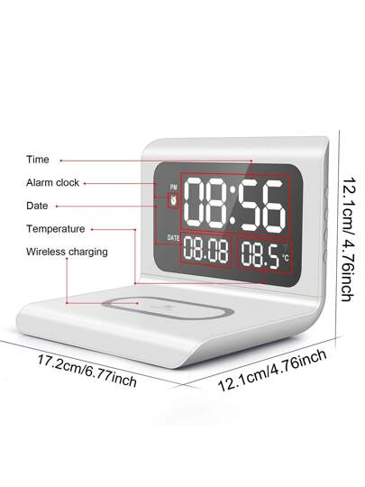 شاحن السلكي 3 في 1 مع ساعة إنذار وعرض الوقت والحرارة لغرفة النوم والمكتب، محطة شحن متوافقة مع أجهزة 16 15 14 13 12 11 Pro Max/Mini/Plus/XR/X/8 و 2/3/4/Pro/Pro 2، متوافق أيضًا مع S25/S23/S22/S21/S20/ وسماعات Galaxy Buds، مناسب للمكتب والسكن والبيت