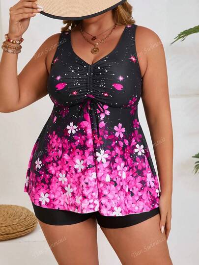 بيكيني طقم ملابس سباحة مطبوع ذو خصر عالي للمرأة بحجم كبير، ملابس شاطئ براقة