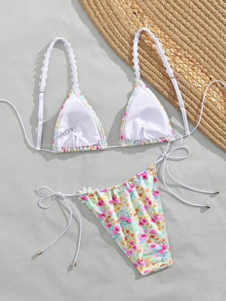 Swim Mod شورت سحاب صغير بطبعة زهور استوائية متناثرة، مجموعة ملابس السباحة المكونة من 2 قطعة، بيكيني مزين بالزهور، لأجواء الشاطئ والعطلات الاستوائية الرائعة، مناسبة لفصلي الربيع والصيف