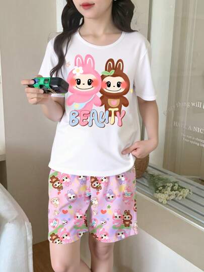 بيجاما طقم بقطعتين - توب أبيض بياقة طاقم وأكمام قصيرة برسومات كارتونية جميلة مع شورت بنفسجي للبنات، ملابس منزلية مريحة وكاجوال