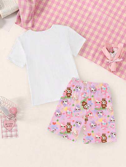 بيجاما طقم بقطعتين - توب أبيض بياقة طاقم وأكمام قصيرة برسومات كارتونية جميلة مع شورت بنفسجي للبنات، ملابس منزلية مريحة وكاجوال