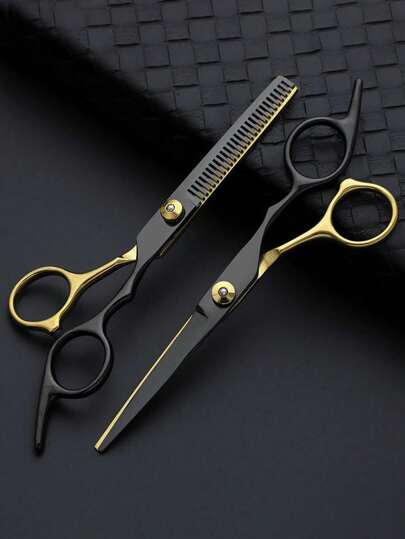 قطعة/قطعتان مقص تقليم الشعر بلون أسود وذهبي: مقص تقليم الغرة، مقص تخفيف الشعر، أداة قص الشعر في الصالون والمنزل