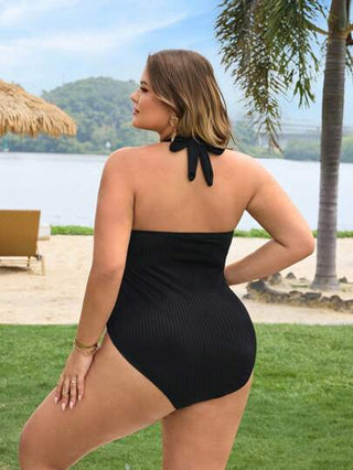 SHEIN CURVE+ بدلة سباحة قطعة واحدة من نسيج مقصب للنساء ذوات الحجم الكبير مع كسرات على البطن، مناسبة للصيف