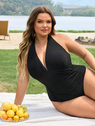 SHEIN CURVE+ بدلة سباحة قطعة واحدة من نسيج مقصب للنساء ذوات الحجم الكبير مع كسرات على البطن، مناسبة للصيف