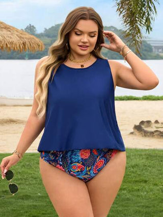 SHEIN CURVE+ طقم بيكيني محافظ مطبوع بطريقة بوهيمية عتيقة 3 قطع للمرأة البدينة