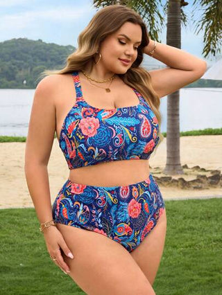 SHEIN CURVE+ طقم بيكيني محافظ مطبوع بطريقة بوهيمية عتيقة 3 قطع للمرأة البدينة